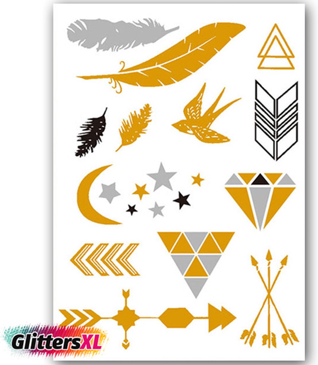 GlittersXL - Temporary Tattoo Goud/Gold (11x6cm) [Neptattoo Ibiza Turquoise - Tijdelijke tatoeage - Nep Fake Tattoos - Water overdraagbare festival sticker henna outfit tattoo - Glitter tattoo - Volwassenen Kinderen Jongen Meisje]